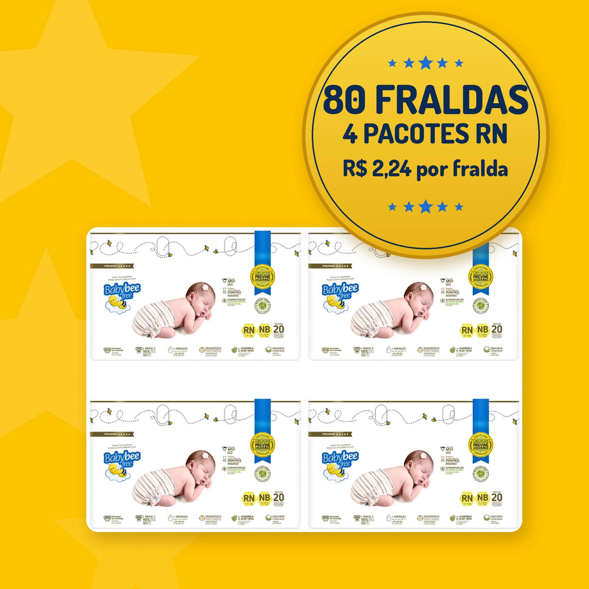 Kit 4 Fraldas Dermoprotetoras RN: 80 Fraldas para Recém-Nascido